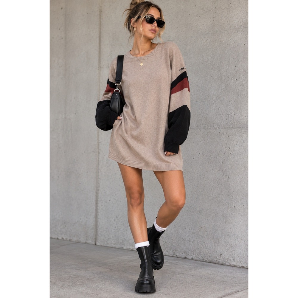OBEY Womens M Sweater Dress NWT Colorblock Long Sleeve Streetwear Knit Mini